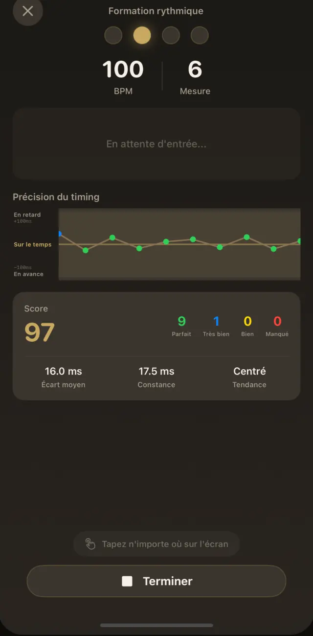 Écran de fin de session : comparaison avec la session précédente, analyse de précision, détail des jugements et record personnel
